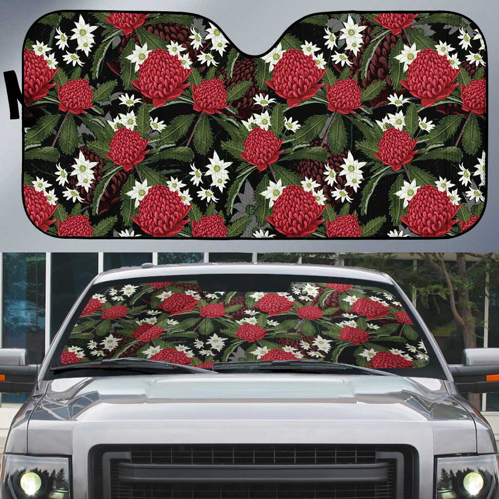 Australia Waratah Flannel Flower Auto Sun Shade Aussie Native Flowers Seamless Stylized - Aussie Hoodie