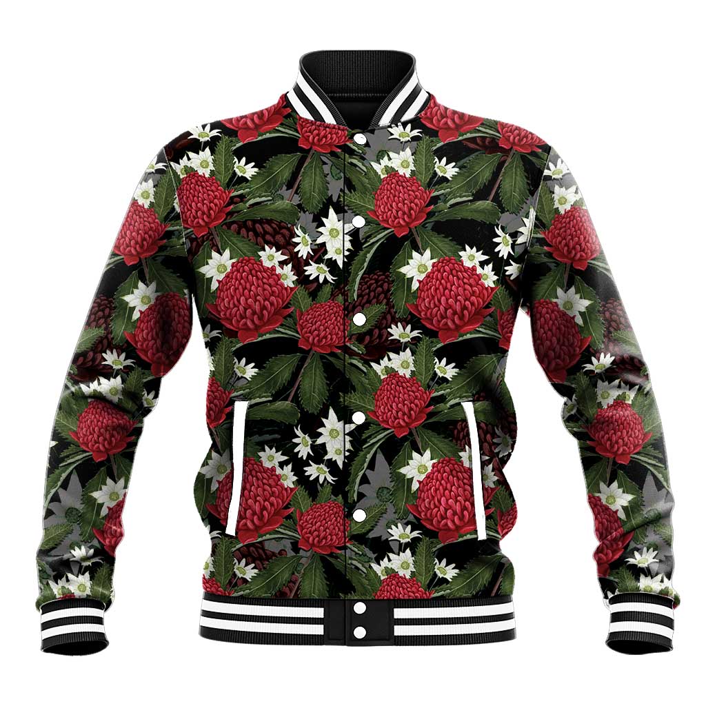 Australia Waratah Flannel Flower Baseball Jacket Aussie Native Flowers Seamless Stylized - Aussie Hoodie