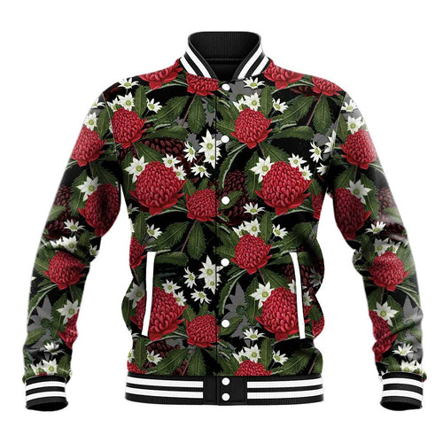 Australia Waratah Flannel Flower Baseball Jacket Aussie Native Flowers Seamless Stylized - Aussie Hoodie