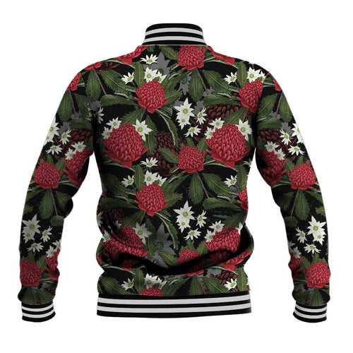 Australia Waratah Flannel Flower Baseball Jacket Aussie Native Flowers Seamless Stylized - Aussie Hoodie