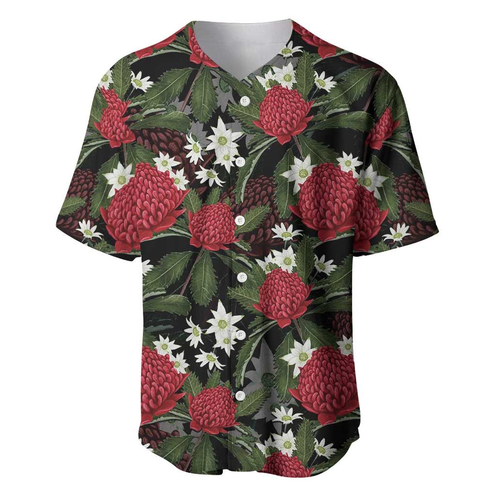 Australia Waratah Flannel Flower Baseball Jersey Aussie Native Flowers Seamless Stylized - Aussie Hoodie