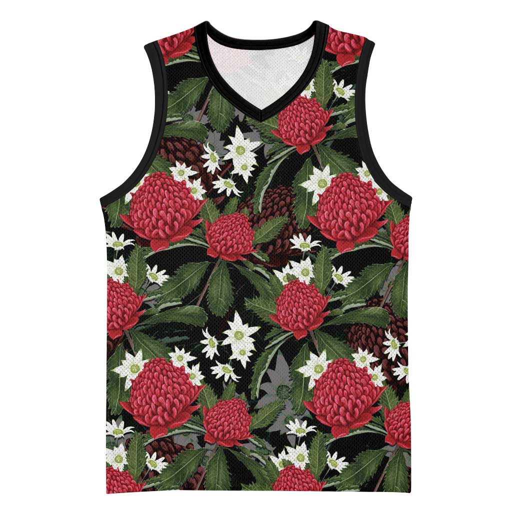 Australia Waratah Flannel Flower Basketball Jersey Aussie Native Flowers Seamless Stylized - Aussie Hoodie