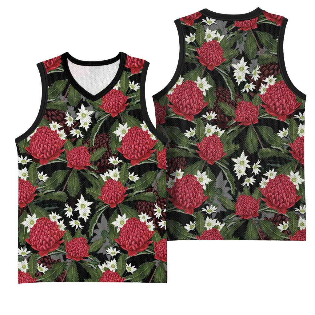 Australia Waratah Flannel Flower Basketball Jersey Aussie Native Flowers Seamless Stylized - Aussie Hoodie