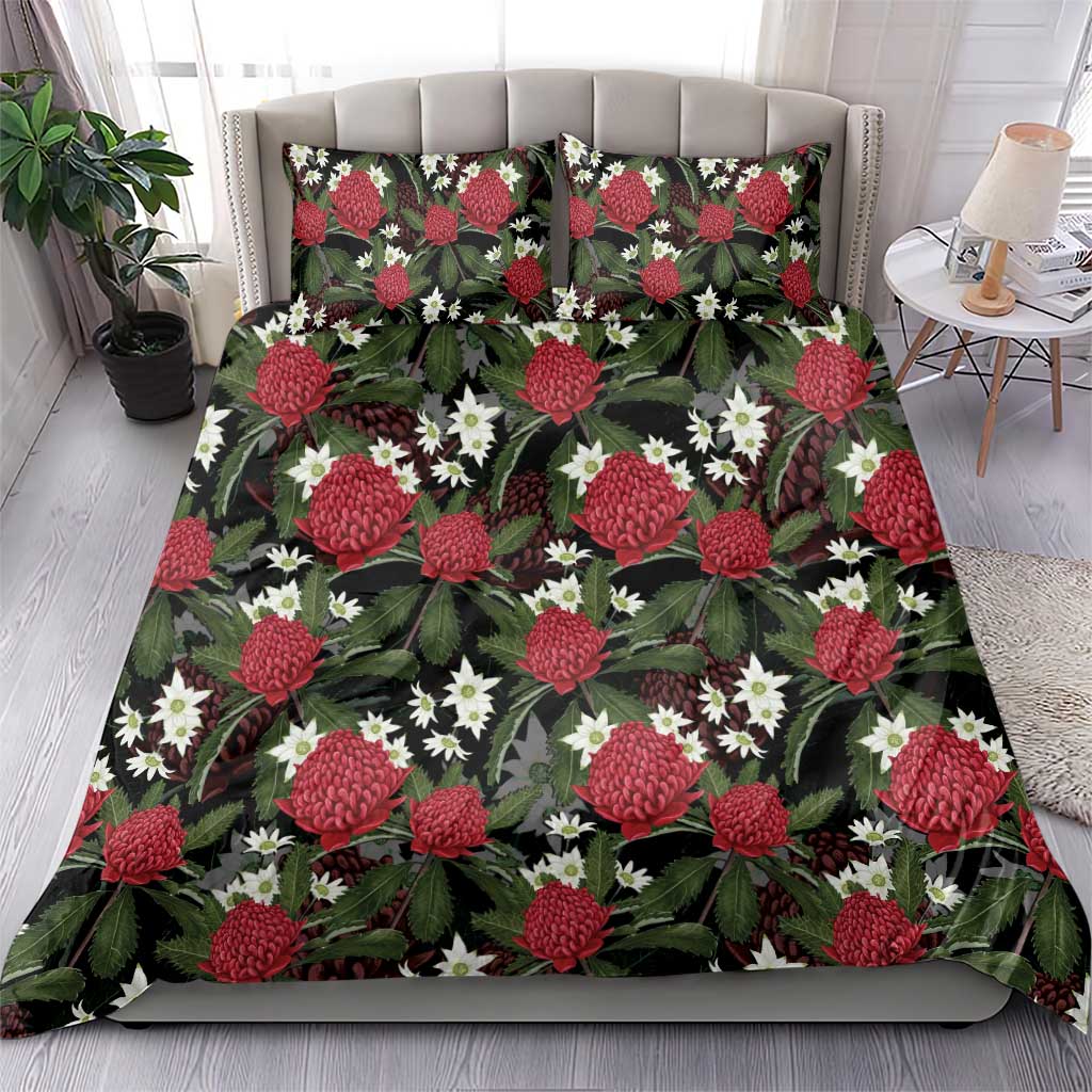 Australia Waratah Flannel Flower Bedding Set Aussie Native Flowers Seamless Stylized - Aussie Hoodie