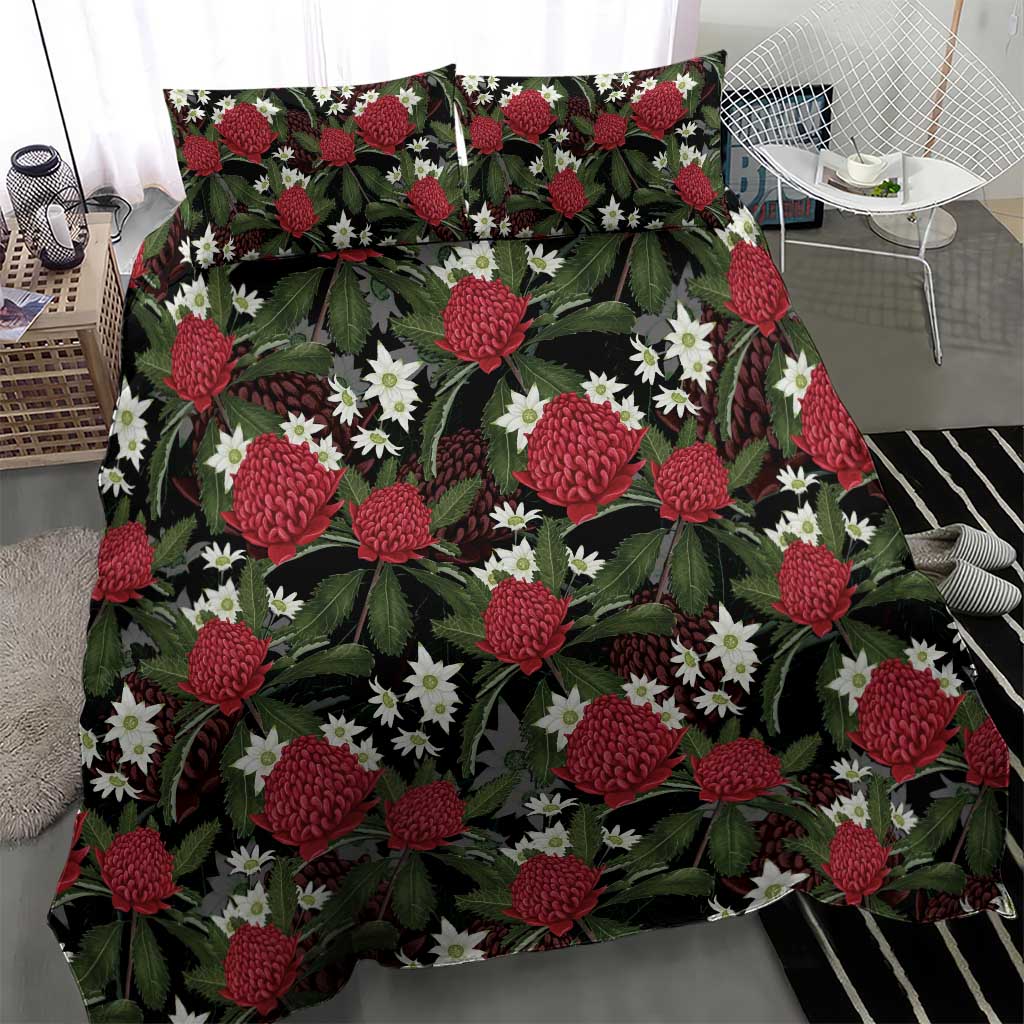 Australia Waratah Flannel Flower Bedding Set Aussie Native Flowers Seamless Stylized - Aussie Hoodie