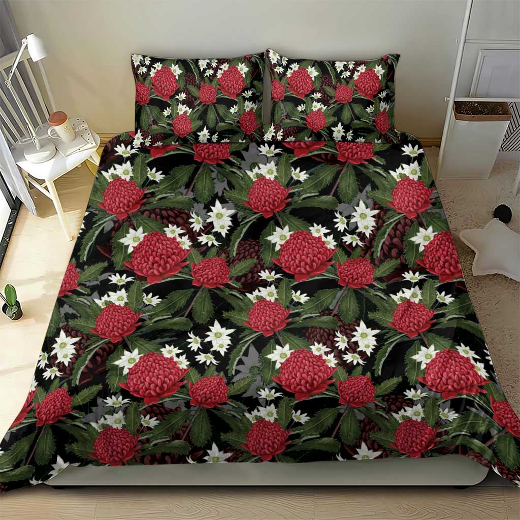 Australia Waratah Flannel Flower Bedding Set Aussie Native Flowers Seamless Stylized - Aussie Hoodie
