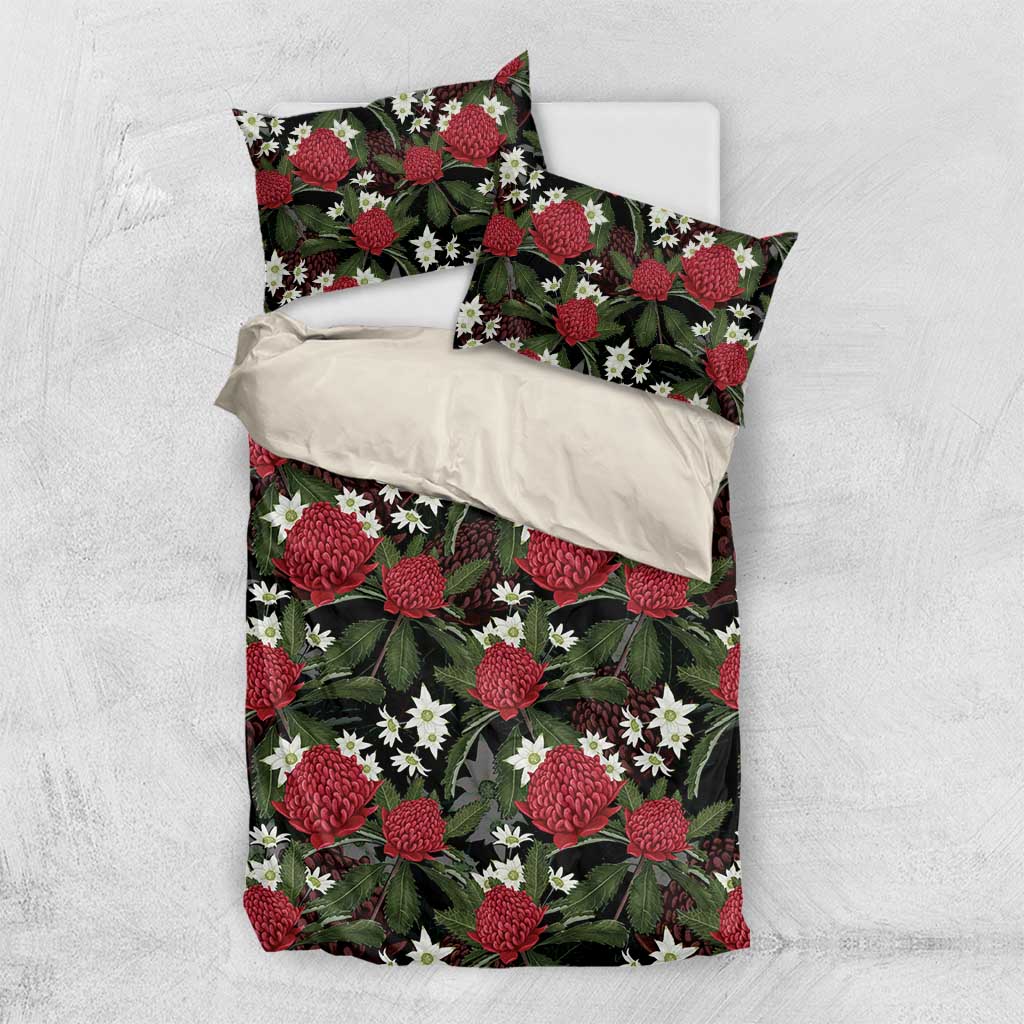 Australia Waratah Flannel Flower Bedding Set Aussie Native Flowers Seamless Stylized - Aussie Hoodie
