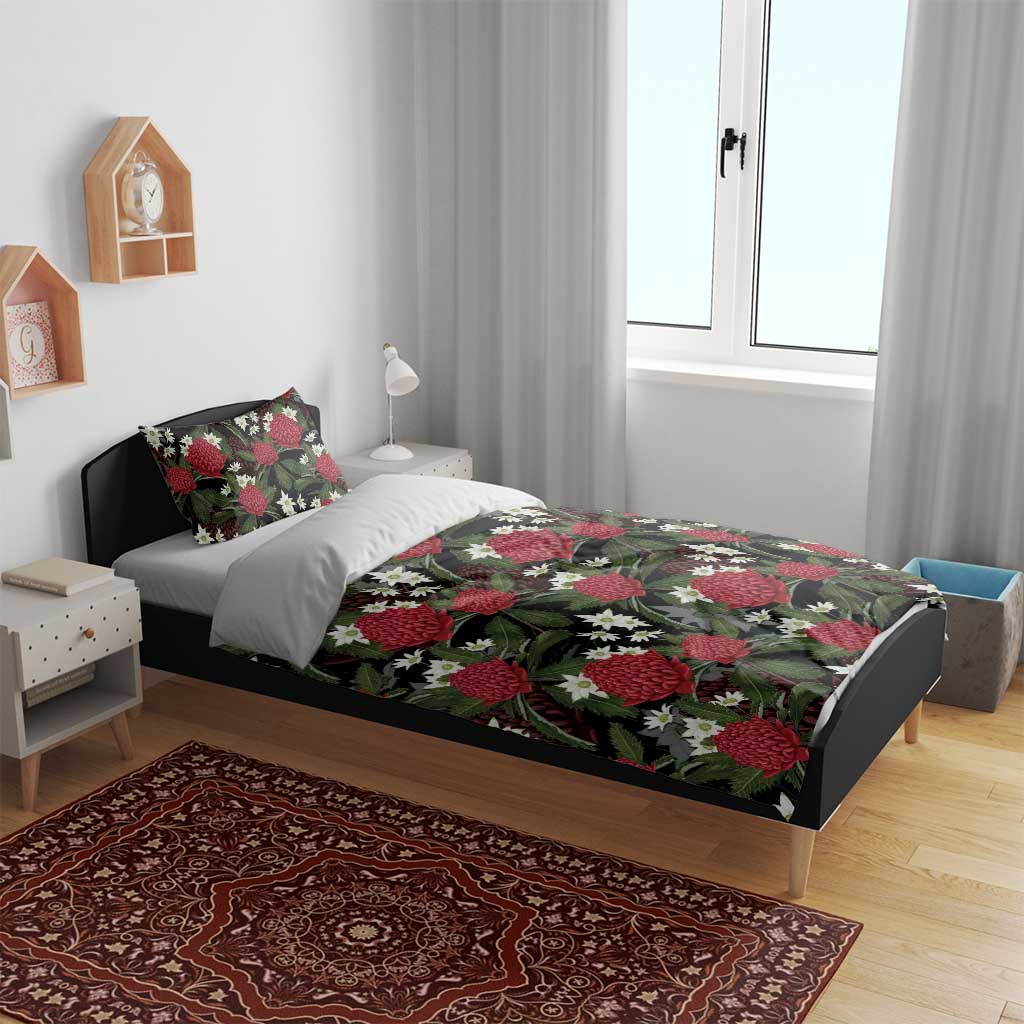 Australia Waratah Flannel Flower Bedding Set Aussie Native Flowers Seamless Stylized - Aussie Hoodie