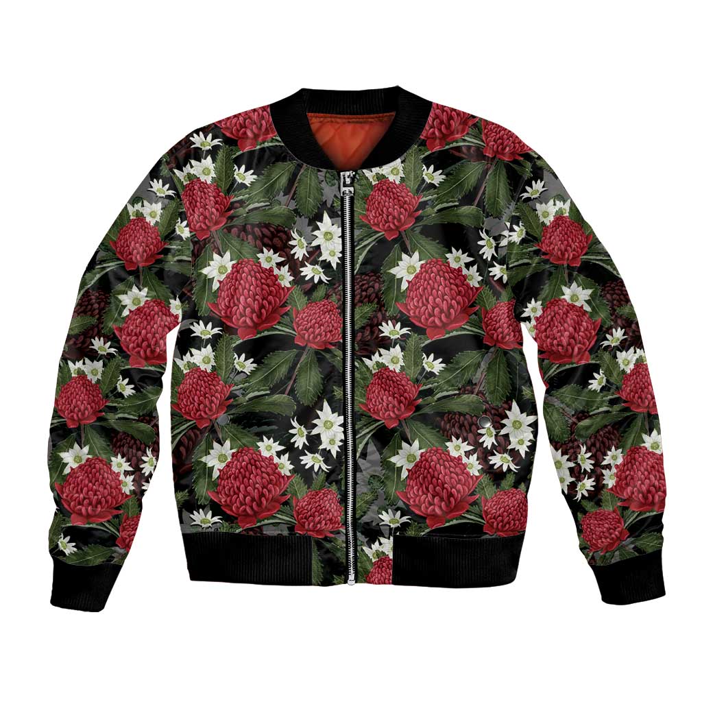 Australia Waratah Flannel Flower Bomber Jacket Aussie Native Flowers Seamless Stylized - Aussie Hoodie