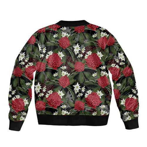 Australia Waratah Flannel Flower Bomber Jacket Aussie Native Flowers Seamless Stylized - Aussie Hoodie