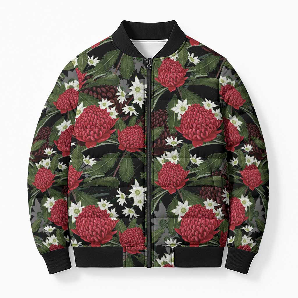 Australia Waratah Flannel Flower Bomber Puffer Jacket Aussie Native Flowers Seamless Stylized - Aussie Hoodie