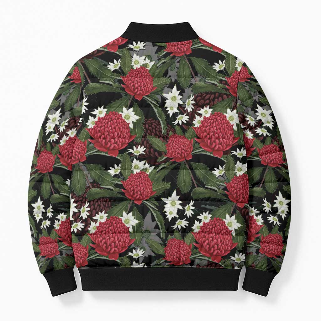 Australia Waratah Flannel Flower Bomber Puffer Jacket Aussie Native Flowers Seamless Stylized - Aussie Hoodie