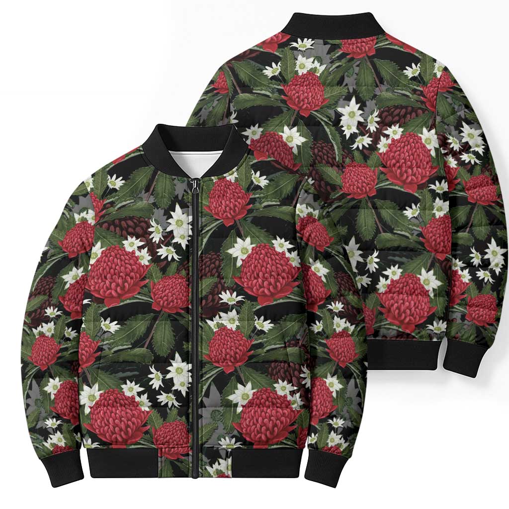 Australia Waratah Flannel Flower Bomber Puffer Jacket Aussie Native Flowers Seamless Stylized - Aussie Hoodie