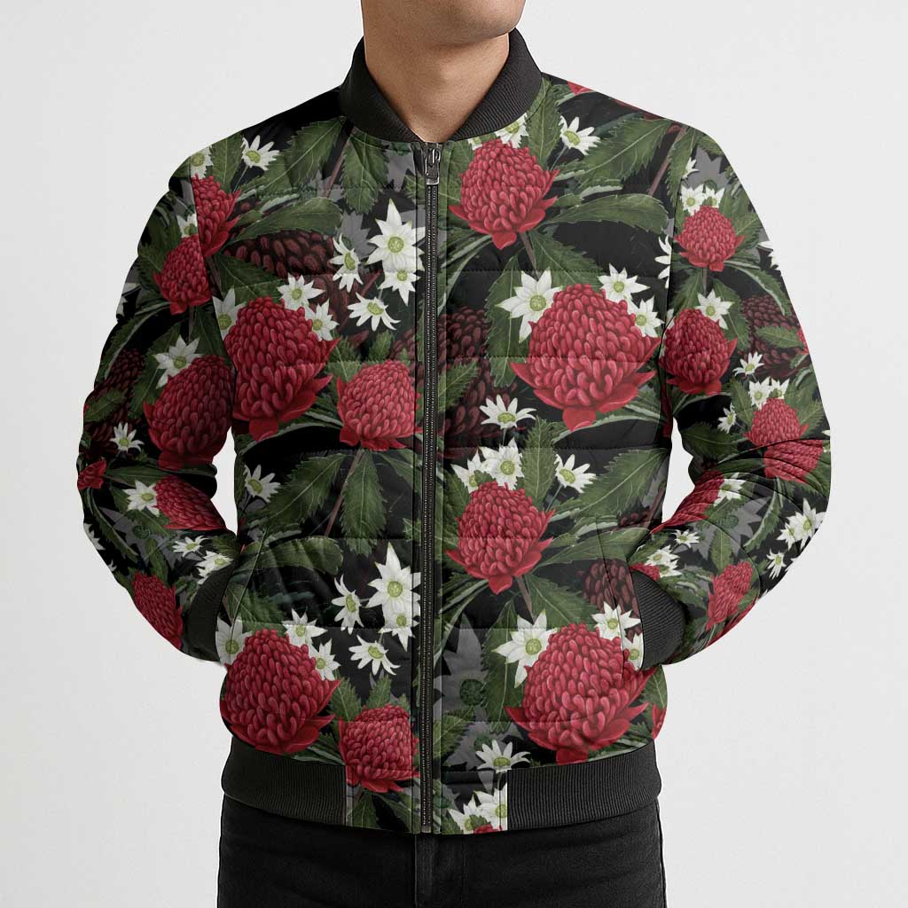 Australia Waratah Flannel Flower Bomber Puffer Jacket Aussie Native Flowers Seamless Stylized - Aussie Hoodie
