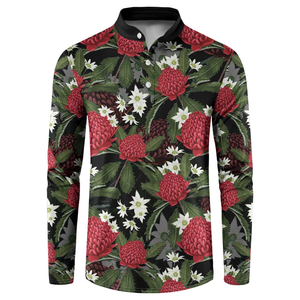 Australia Waratah Flannel Flower Button Sweatshirt Aussie Native Flowers Seamless Stylized - Aussie Hoodie