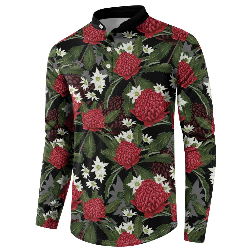 Australia Waratah Flannel Flower Button Sweatshirt Aussie Native Flowers Seamless Stylized - Aussie Hoodie