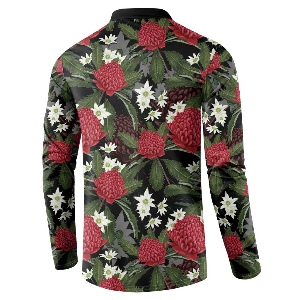 Australia Waratah Flannel Flower Button Sweatshirt Aussie Native Flowers Seamless Stylized - Aussie Hoodie