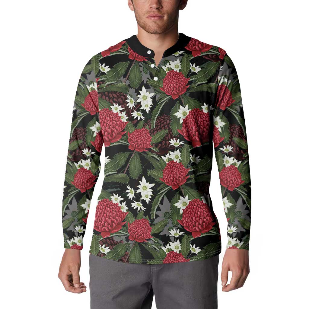 Australia Waratah Flannel Flower Button Sweatshirt Aussie Native Flowers Seamless Stylized - Aussie Hoodie