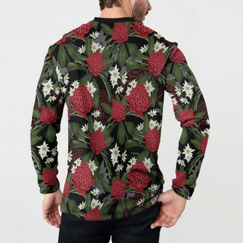 Australia Waratah Flannel Flower Button Sweatshirt Aussie Native Flowers Seamless Stylized - Aussie Hoodie