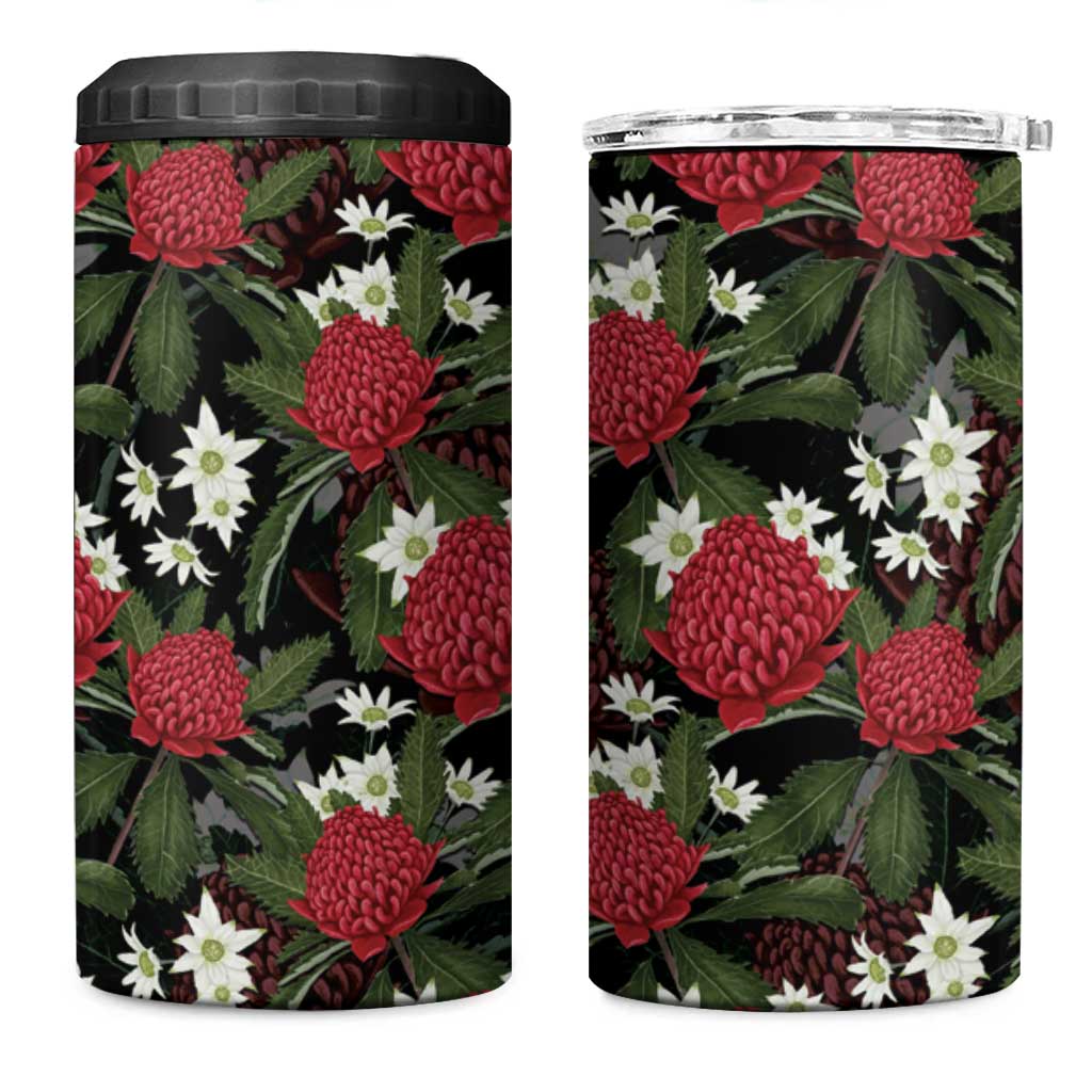Australia Waratah Flannel Flower 4 in 1 Can Cooler Tumbler Aussie Native Flowers Seamless Stylized - Aussie Hoodie