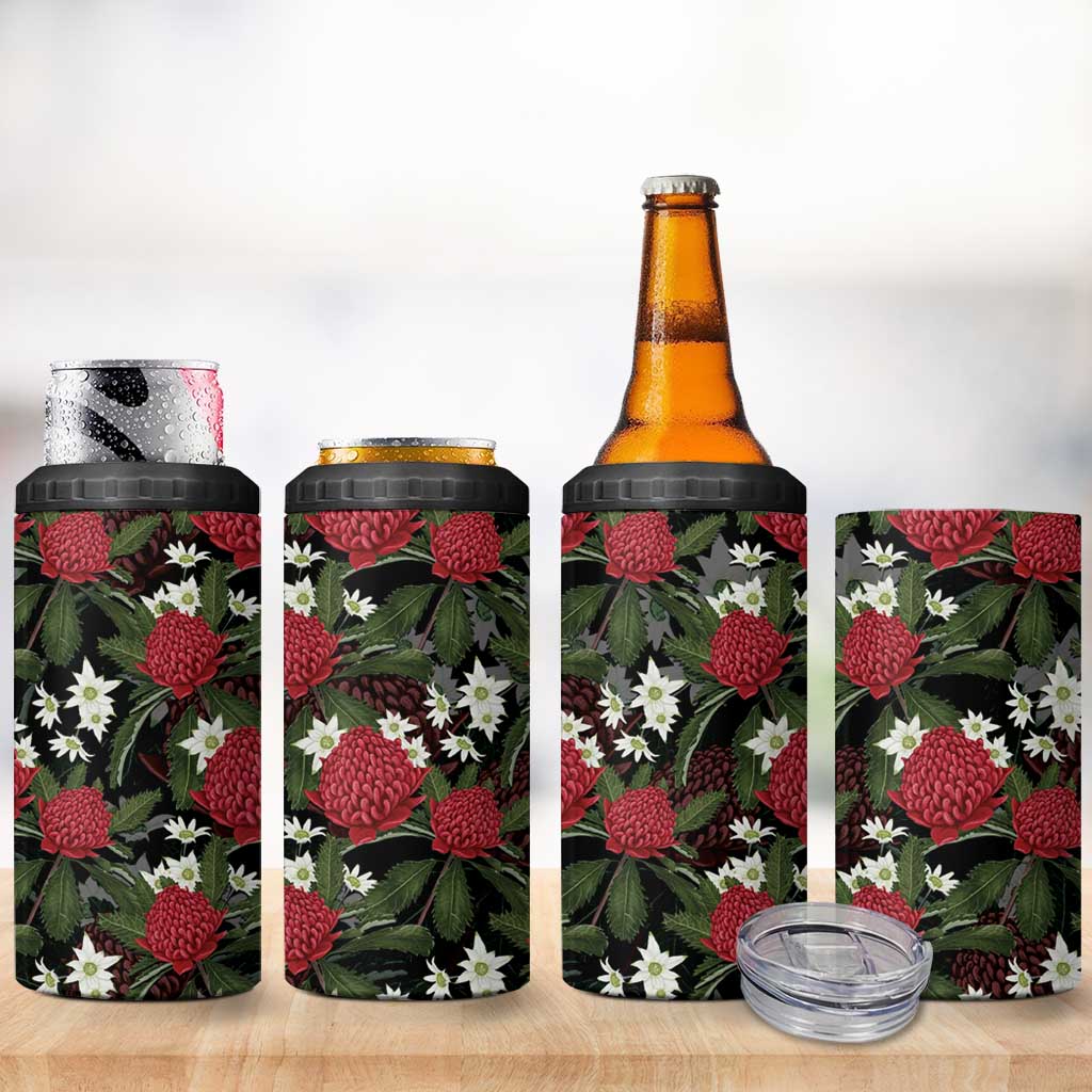 Australia Waratah Flannel Flower 4 in 1 Can Cooler Tumbler Aussie Native Flowers Seamless Stylized - Aussie Hoodie