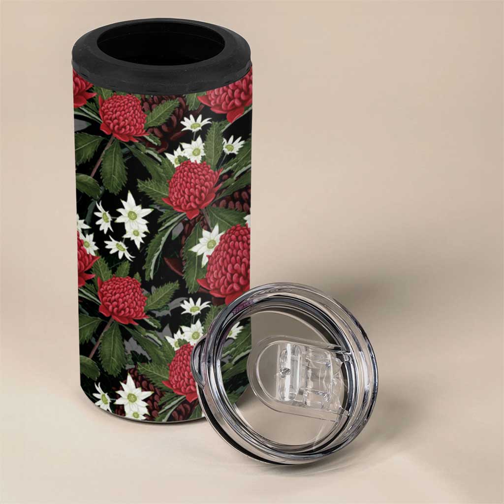 Australia Waratah Flannel Flower 4 in 1 Can Cooler Tumbler Aussie Native Flowers Seamless Stylized - Aussie Hoodie