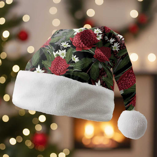 Australia Waratah Flannel Flower Christmas Santa Hat Aussie Native Flowers Seamless Stylized - Aussie Hoodie