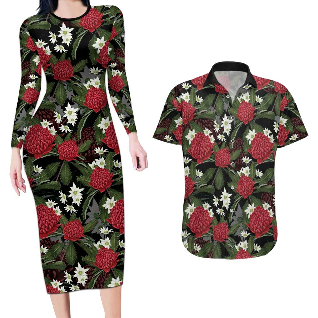 Australia Waratah Flannel Flower Couples Matching Long Sleeve Bodycon Dress and Hawaiian Shirt Aussie Native Flowers Seamless Stylized - Aussie Hoodie