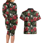 Australia Waratah Flannel Flower Couples Matching Long Sleeve Bodycon Dress and Hawaiian Shirt Aussie Native Flowers Seamless Stylized - Aussie Hoodie