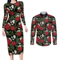 Australia Waratah Flannel Flower Couples Matching Long Sleeve Bodycon Dress and Long Sleeve Button Shirt Aussie Native Flowers Seamless Stylized - Aussie Hoodie