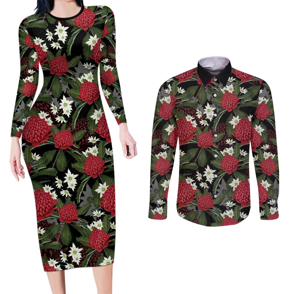 Australia Waratah Flannel Flower Couples Matching Long Sleeve Bodycon Dress and Long Sleeve Button Shirt Aussie Native Flowers Seamless Stylized - Aussie Hoodie