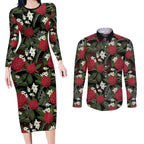 Australia Waratah Flannel Flower Couples Matching Long Sleeve Bodycon Dress and Long Sleeve Button Shirt Aussie Native Flowers Seamless Stylized - Aussie Hoodie