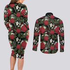 Australia Waratah Flannel Flower Couples Matching Long Sleeve Bodycon Dress and Long Sleeve Button Shirt Aussie Native Flowers Seamless Stylized - Aussie Hoodie