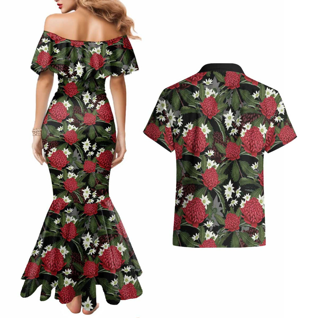 Australia Waratah Flannel Flower Couples Matching Mermaid Dress and Hawaiian Shirt Aussie Native Flowers Seamless Stylized - Aussie Hoodie