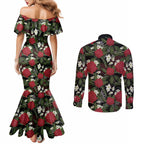 Australia Waratah Flannel Flower Couples Matching Mermaid Dress and Long Sleeve Button Shirt Aussie Native Flowers Seamless Stylized - Aussie Hoodie