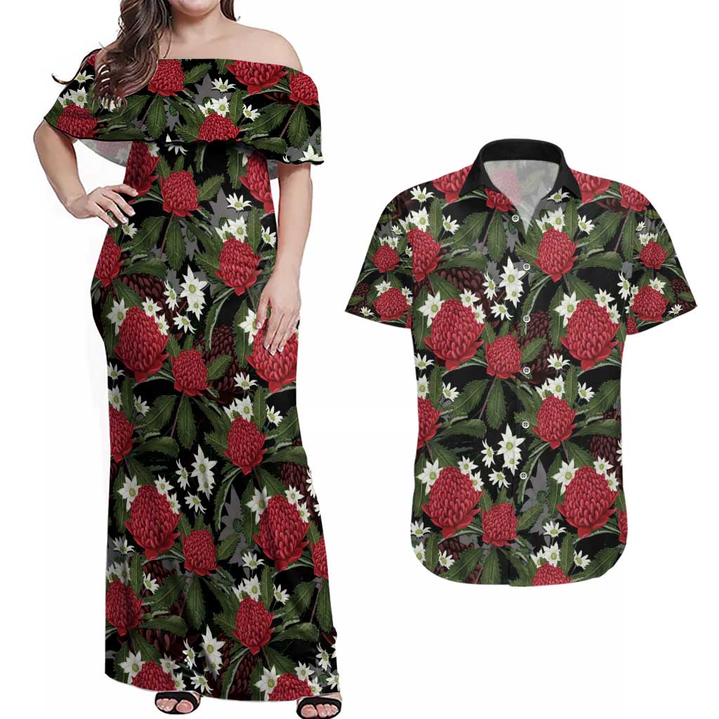 Australia Waratah Flannel Flower Couples Matching Off Shoulder Maxi Dress and Hawaiian Shirt Aussie Native Flowers Seamless Stylized - Aussie Hoodie