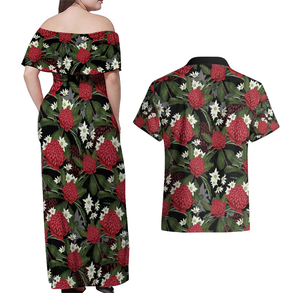 Australia Waratah Flannel Flower Couples Matching Off Shoulder Maxi Dress and Hawaiian Shirt Aussie Native Flowers Seamless Stylized - Aussie Hoodie
