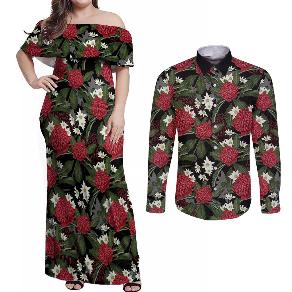 Australia Waratah Flannel Flower Couples Matching Off Shoulder Maxi Dress and Long Sleeve Button Shirt Aussie Native Flowers Seamless Stylized - Aussie Hoodie