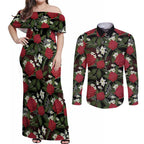 Australia Waratah Flannel Flower Couples Matching Off Shoulder Maxi Dress and Long Sleeve Button Shirt Aussie Native Flowers Seamless Stylized - Aussie Hoodie