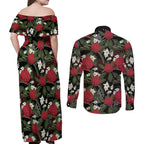 Australia Waratah Flannel Flower Couples Matching Off Shoulder Maxi Dress and Long Sleeve Button Shirt Aussie Native Flowers Seamless Stylized - Aussie Hoodie