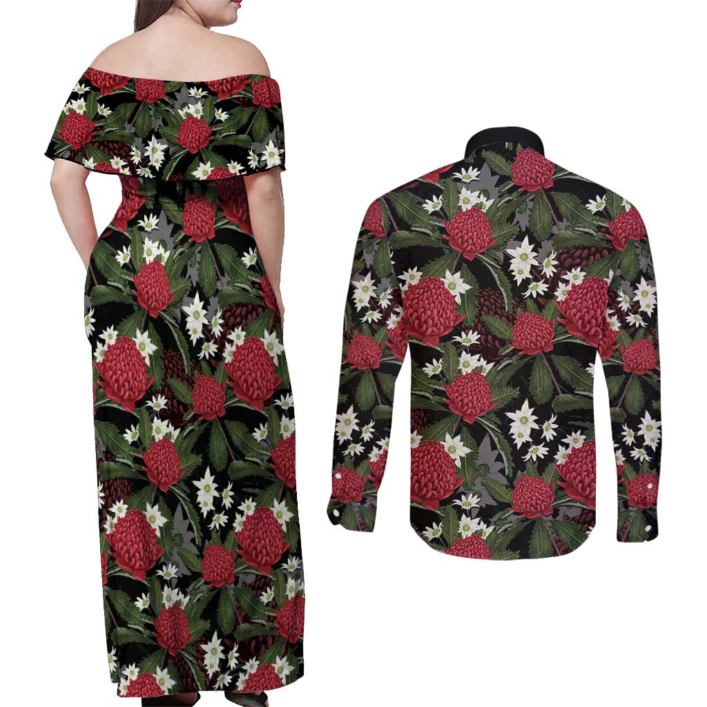Australia Waratah Flannel Flower Couples Matching Off Shoulder Maxi Dress and Long Sleeve Button Shirt Aussie Native Flowers Seamless Stylized - Aussie Hoodie