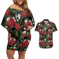 Australia Waratah Flannel Flower Couples Matching Off Shoulder Short Dress and Hawaiian Shirt Aussie Native Flowers Seamless Stylized - Aussie Hoodie