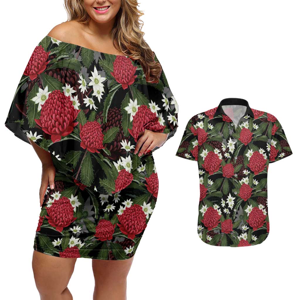 Australia Waratah Flannel Flower Couples Matching Off Shoulder Short Dress and Hawaiian Shirt Aussie Native Flowers Seamless Stylized - Aussie Hoodie