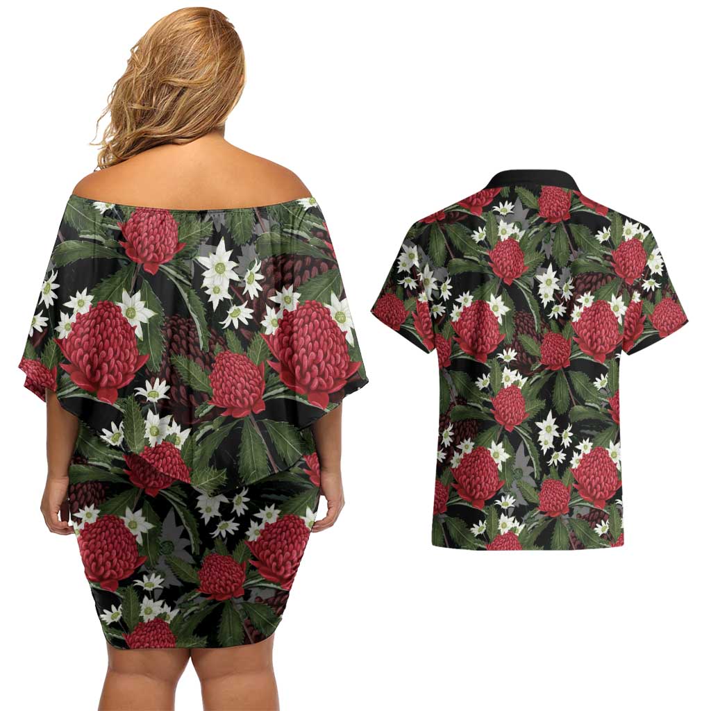 Australia Waratah Flannel Flower Couples Matching Off Shoulder Short Dress and Hawaiian Shirt Aussie Native Flowers Seamless Stylized - Aussie Hoodie