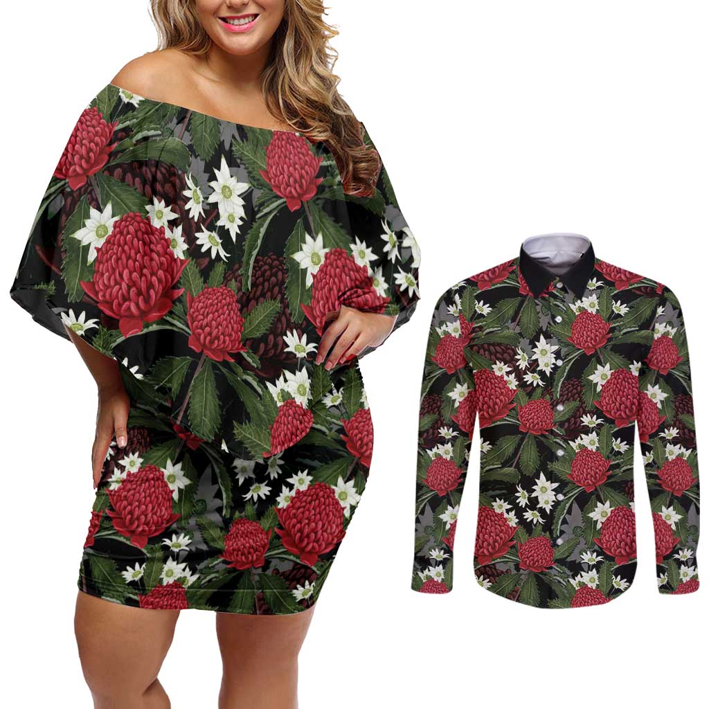 Australia Waratah Flannel Flower Couples Matching Off Shoulder Short Dress and Long Sleeve Button Shirt Aussie Native Flowers Seamless Stylized - Aussie Hoodie