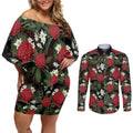Australia Waratah Flannel Flower Couples Matching Off Shoulder Short Dress and Long Sleeve Button Shirt Aussie Native Flowers Seamless Stylized - Aussie Hoodie