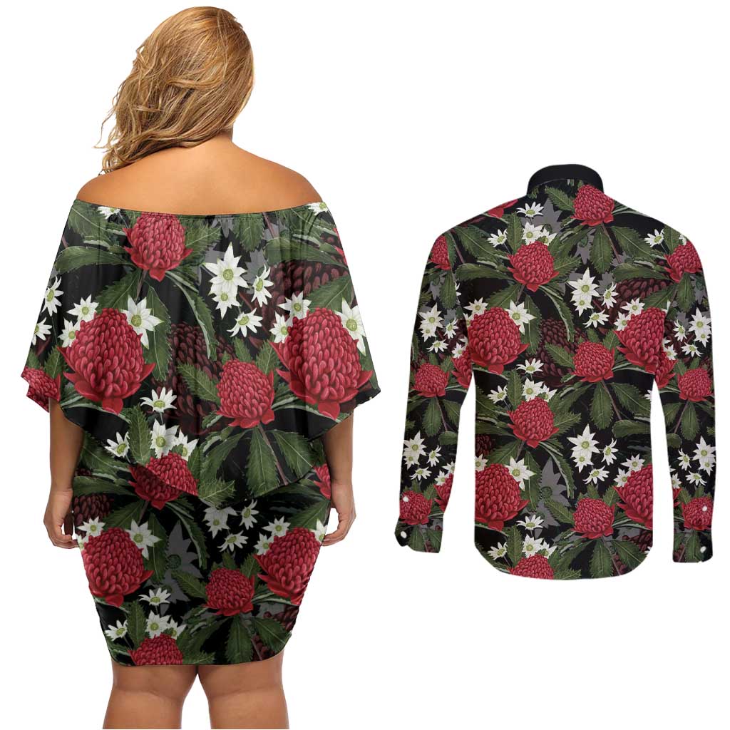 Australia Waratah Flannel Flower Couples Matching Off Shoulder Short Dress and Long Sleeve Button Shirt Aussie Native Flowers Seamless Stylized - Aussie Hoodie