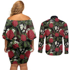 Australia Waratah Flannel Flower Couples Matching Off Shoulder Short Dress and Long Sleeve Button Shirt Aussie Native Flowers Seamless Stylized - Aussie Hoodie