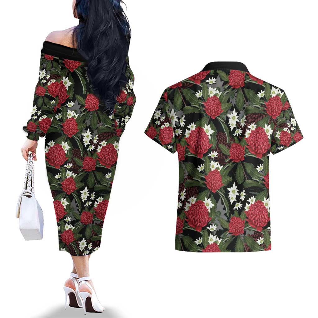 Australia Waratah Flannel Flower Couples Matching Off The Shoulder Long Sleeve Dress and Hawaiian Shirt Aussie Native Flowers Seamless Stylized - Aussie Hoodie