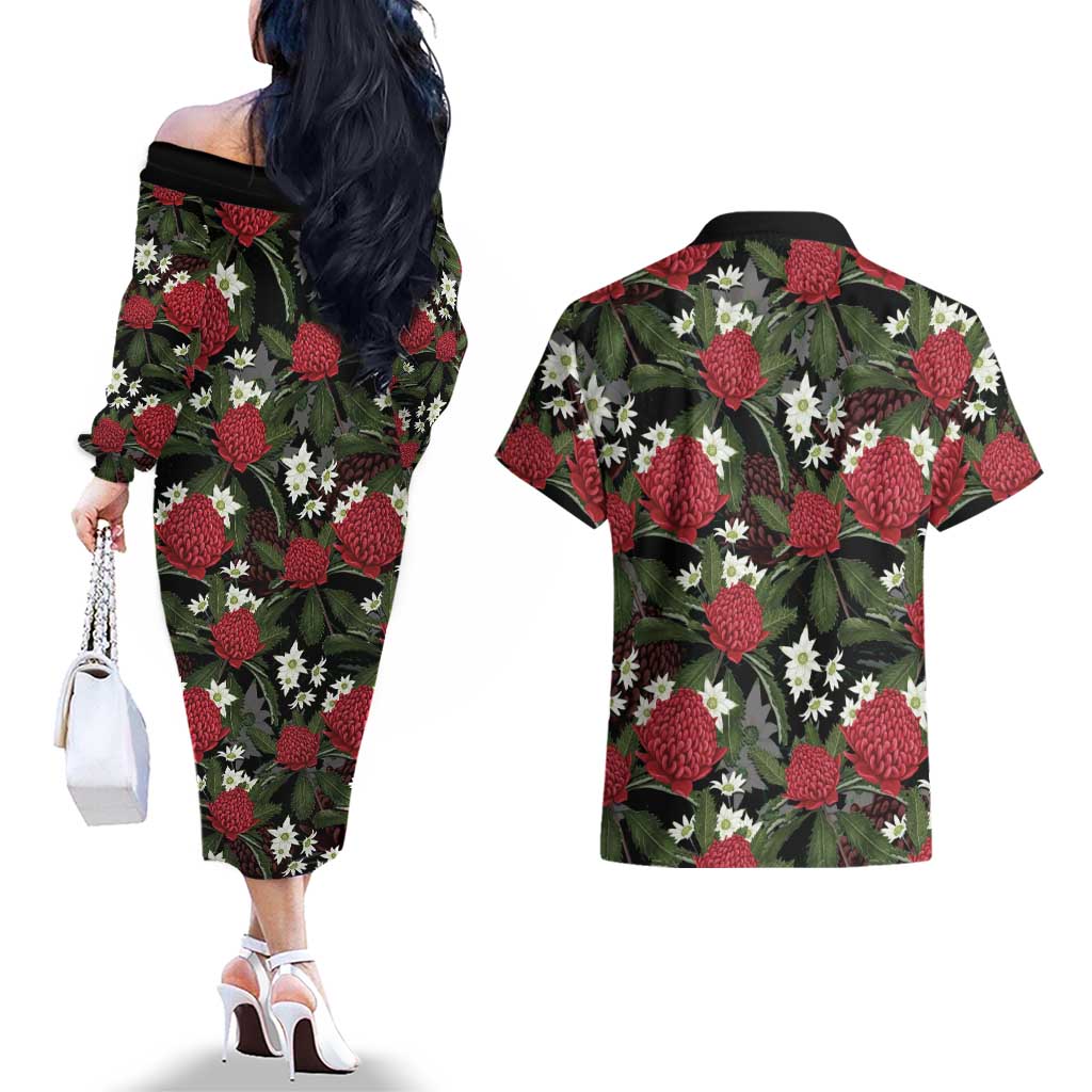 Australia Waratah Flannel Flower Couples Matching Off The Shoulder Long Sleeve Dress and Hawaiian Shirt Aussie Native Flowers Seamless Stylized - Aussie Hoodie